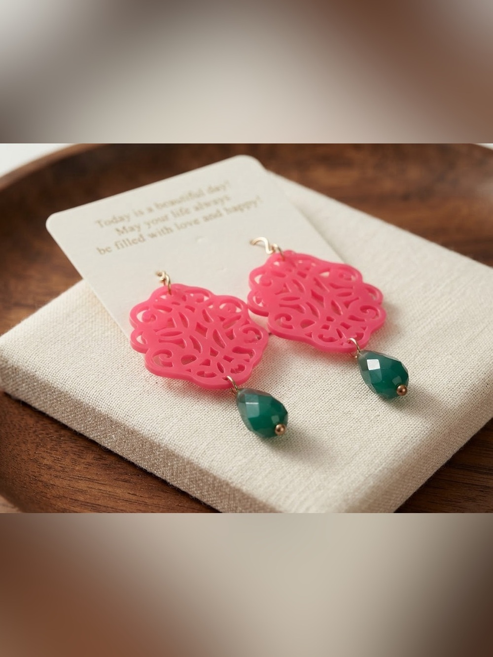 Pink Filigree Drop Earrings with Green Teardrop Accent - Women Jewelry